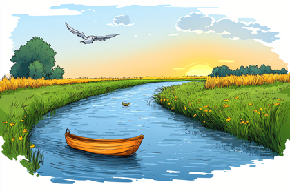 River Scene with Boat and Seagull