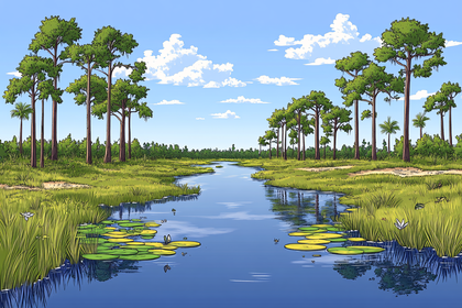 River Scene with Lily Pads and Tall Trees