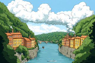 River Town Scenery with Stone Bridge