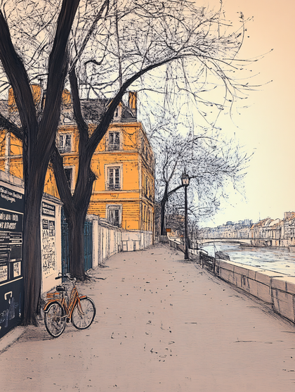 Riverside Cityscape with Bicycle