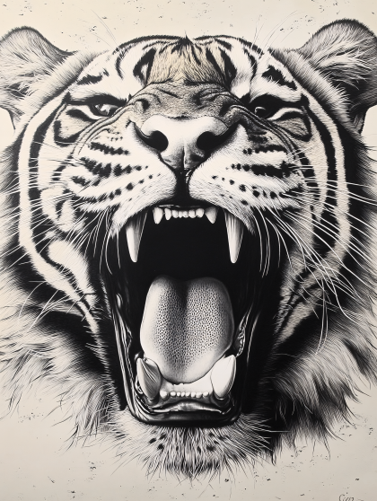 Roaring Tiger Black And White Drawing