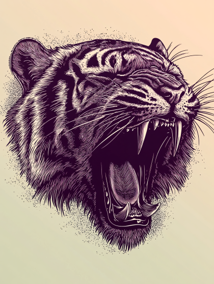 Roaring Tiger Head Line Art
