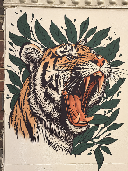 Roaring Tiger Head With Green Leaves