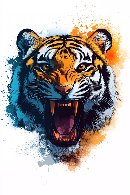 Roaring Tiger Head with Watercolor Splashes