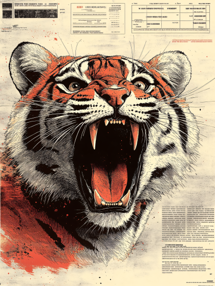 Roaring Tiger Illustration on Document Background