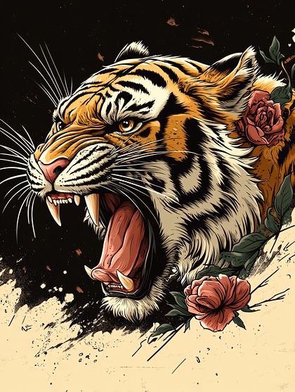 Roaring Tiger With Roses