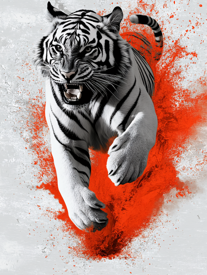 Roaring White Tiger Leaping Through Orange Splash