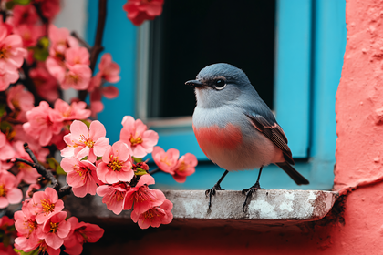 Robin Perched Amidst Blossoming Flowers