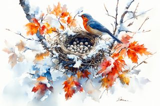 Robin Perched on Nest with Eggs in Winter