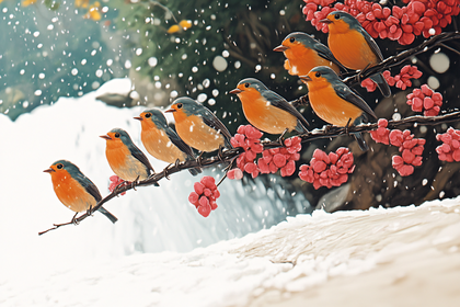Robins On Berry Branch In Snow