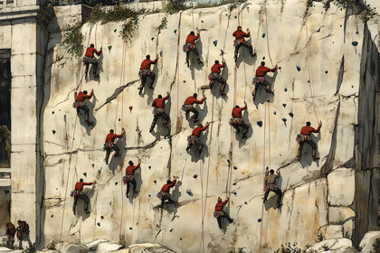 Rock Climbers Ascending Cliff Face