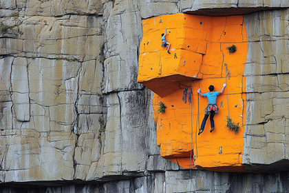 Rock Climbers Ascending Orange Wall