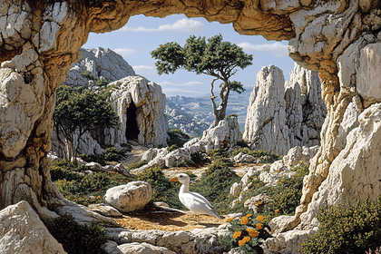 Rocky Landscape with White Bird