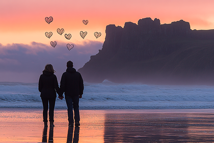 Romantic Beach Sunset Couple with Hearts