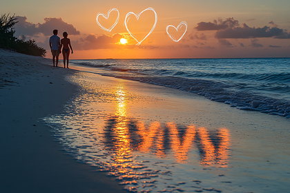 Romantic Beach Sunset Walk with Hearts