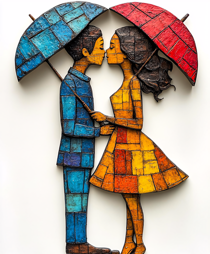 Romantic Couple Under Umbrellas
