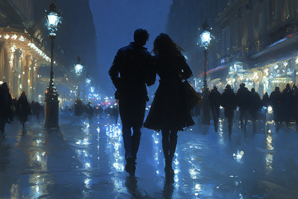 Romantic Couple Walking on a Wet City Street at Night