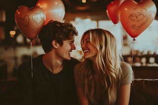 Romantic Couple with Heart Balloons