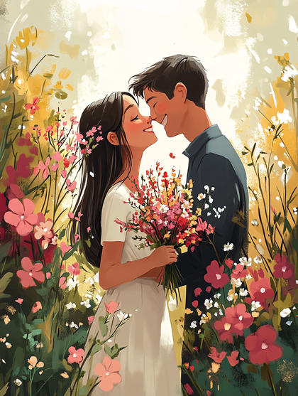 Romantic Embrace in Flower Field