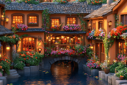 Romantic Flower Covered Canal House at Dusk