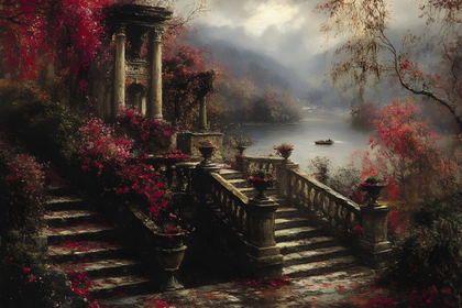 Romantic Garden Vista with Lake