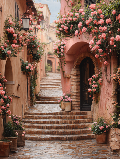 Romantic Italian Alleyway With Roses
