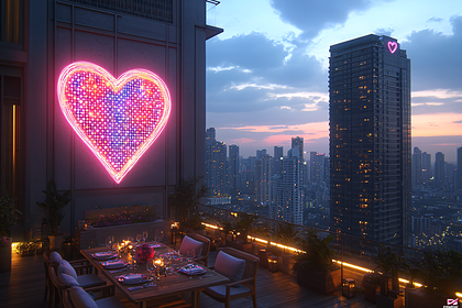 Romantic Rooftop Dinner with Neon Heart