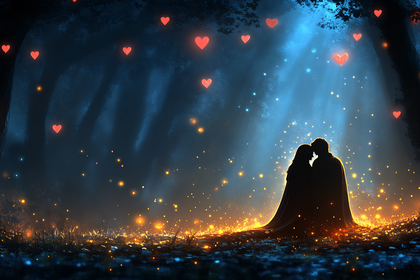 Romantic Silhouette Under Heart-Filled Sky