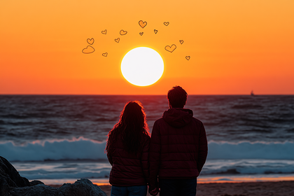 Couple Silhouetted at Vibrant Orange Sunset Beach with Floating Hearts Above Ocean Waves
