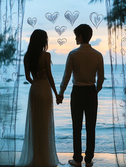 Romantic Sunset Couple with Hearts