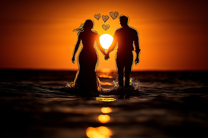 Romantic Sunset Couple With Hearts