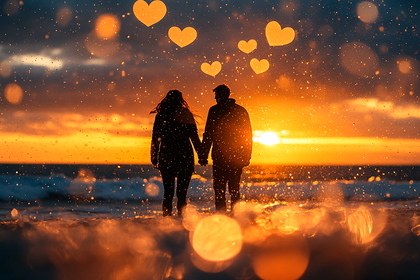 Romantic Couple Silhouette at Sunset Beach with Floating Hearts and ...