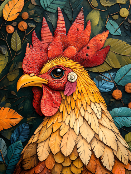 Rooster Portrait with Foliage