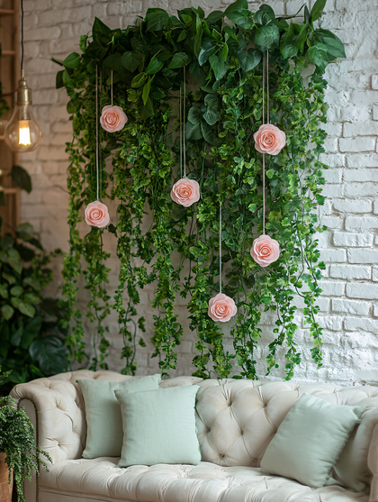 Rose And Greenery Wall Decor Above Sofa