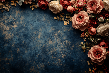 Rose Floral Arrangement On Textured Blue Background