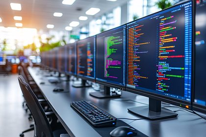 Row Of Computer Monitors Displaying Code
