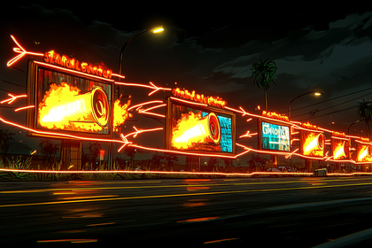 Row of Flaming Billboards at Night
