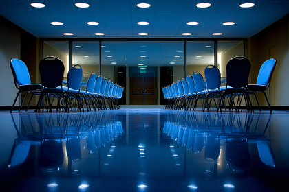 Rows Of Blue Chairs In A Conference Room
