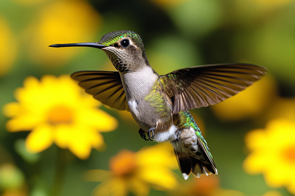 Ruby-Throated Hummingbird Hovering Near Yellow Flowers