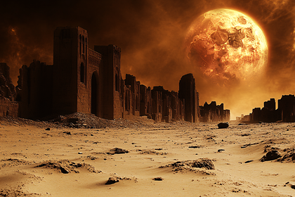 Ruins Of An Ancient City Under A Red Moon