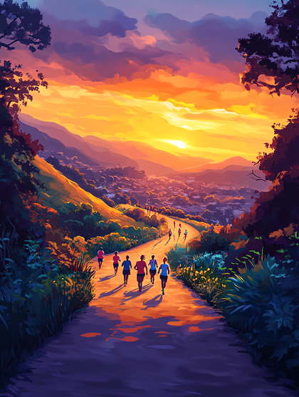 Runners Silhouette Sunset Trail