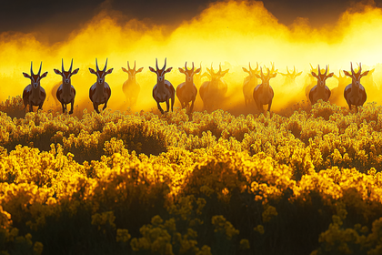Running Antelopes In Golden Field