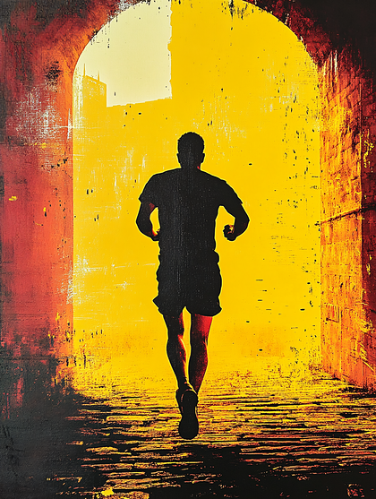 Running Figure Through Sunlit Archway