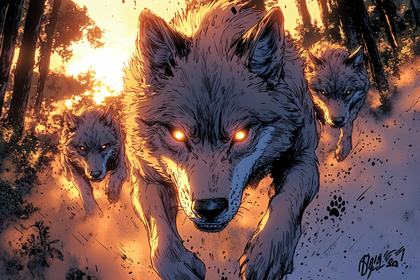 Running Wolves in Forest