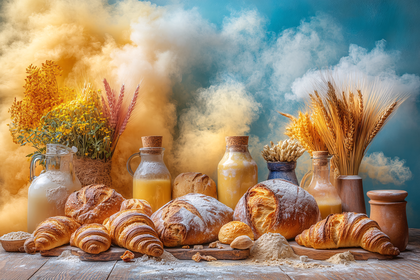 Rustic Bakery Still Life With Fresh Bread And Drinks