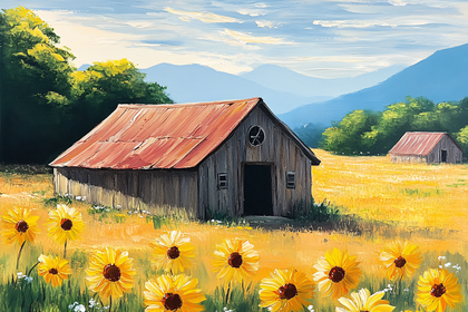 Rustic Barn In Sunflower Field
