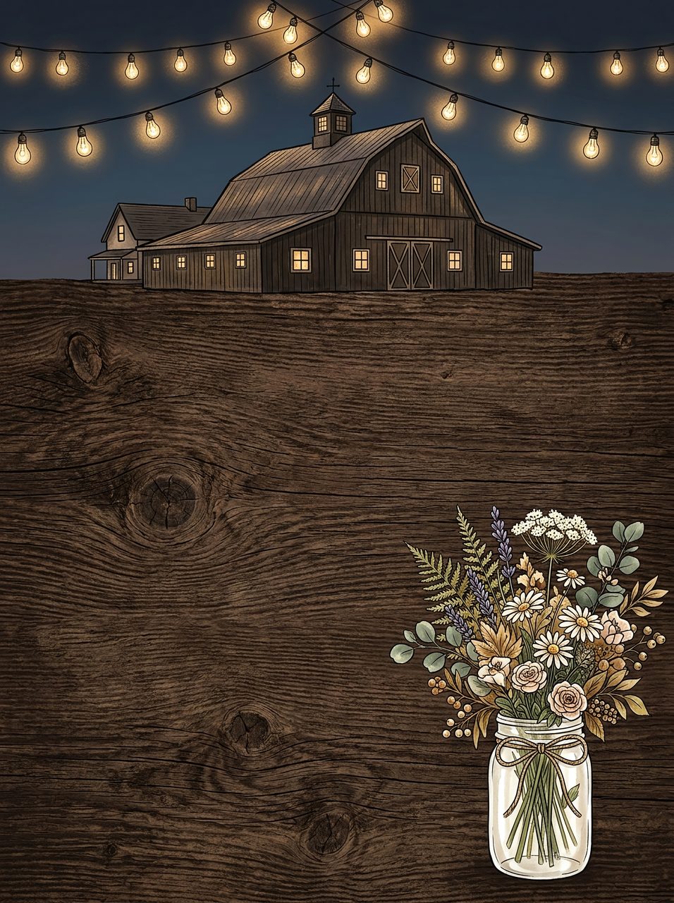Rustic Barn with String Lights and Floral Mason Jar Arrangement