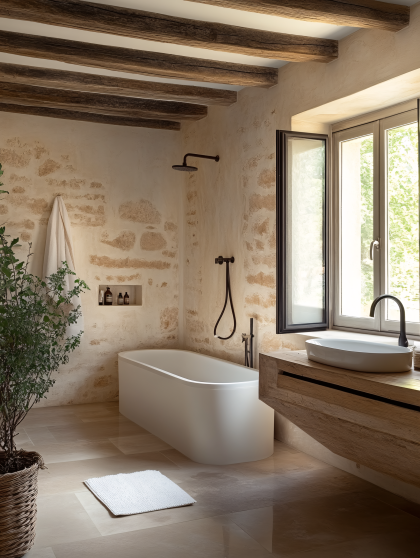 Rustic Bathroom Interior with Stone Walls and Wooden Beams