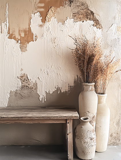 Rustic Bench with Vases and Textured Wall