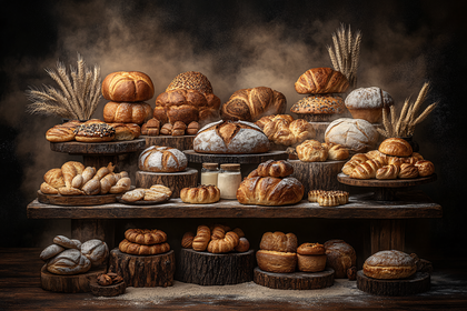 Rustic Bread Display on Wooden Shelves